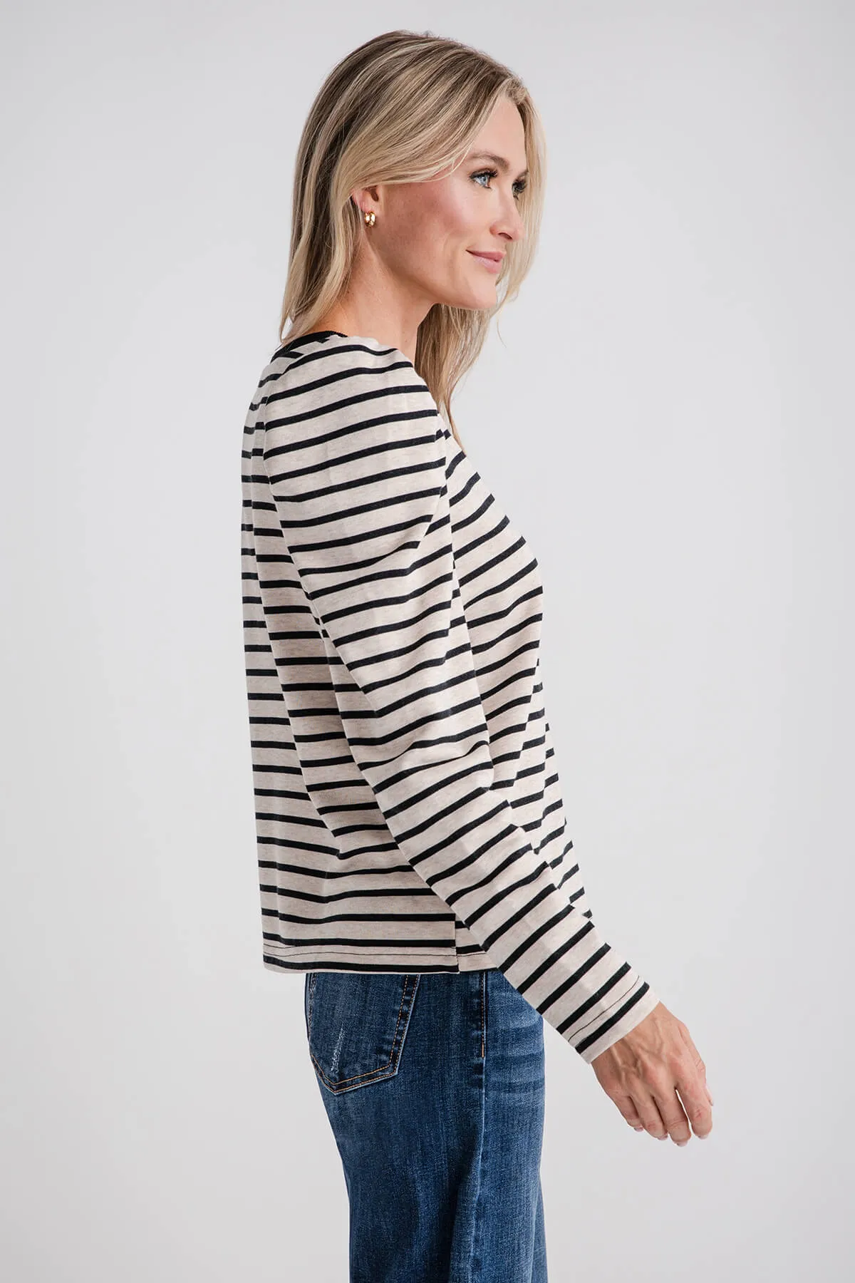 AnnieWear Stripe Puff Sleeve FrenchTerry Top