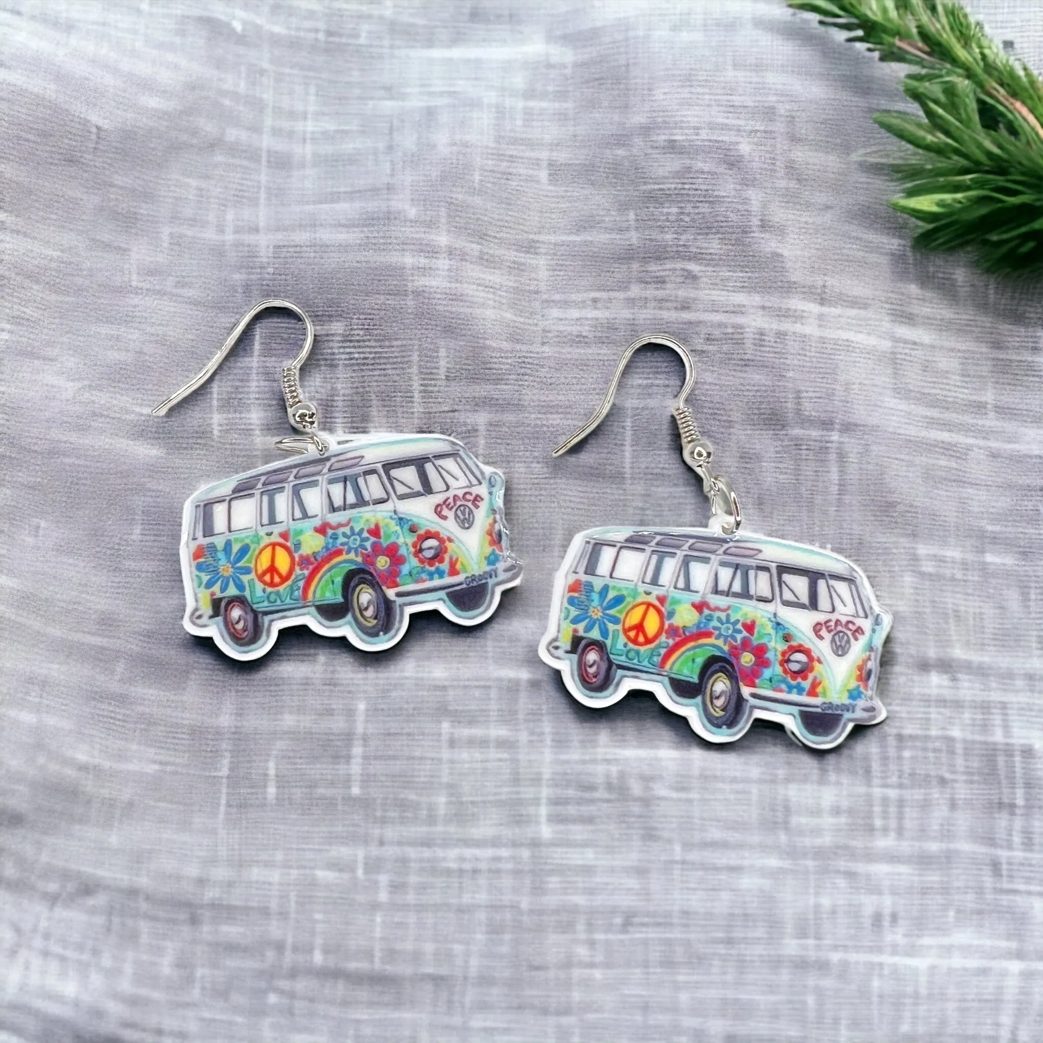 Hippie Van Earrings - Van Accessories, Roadtrip Earrings, Travel Accessories, Flower Power