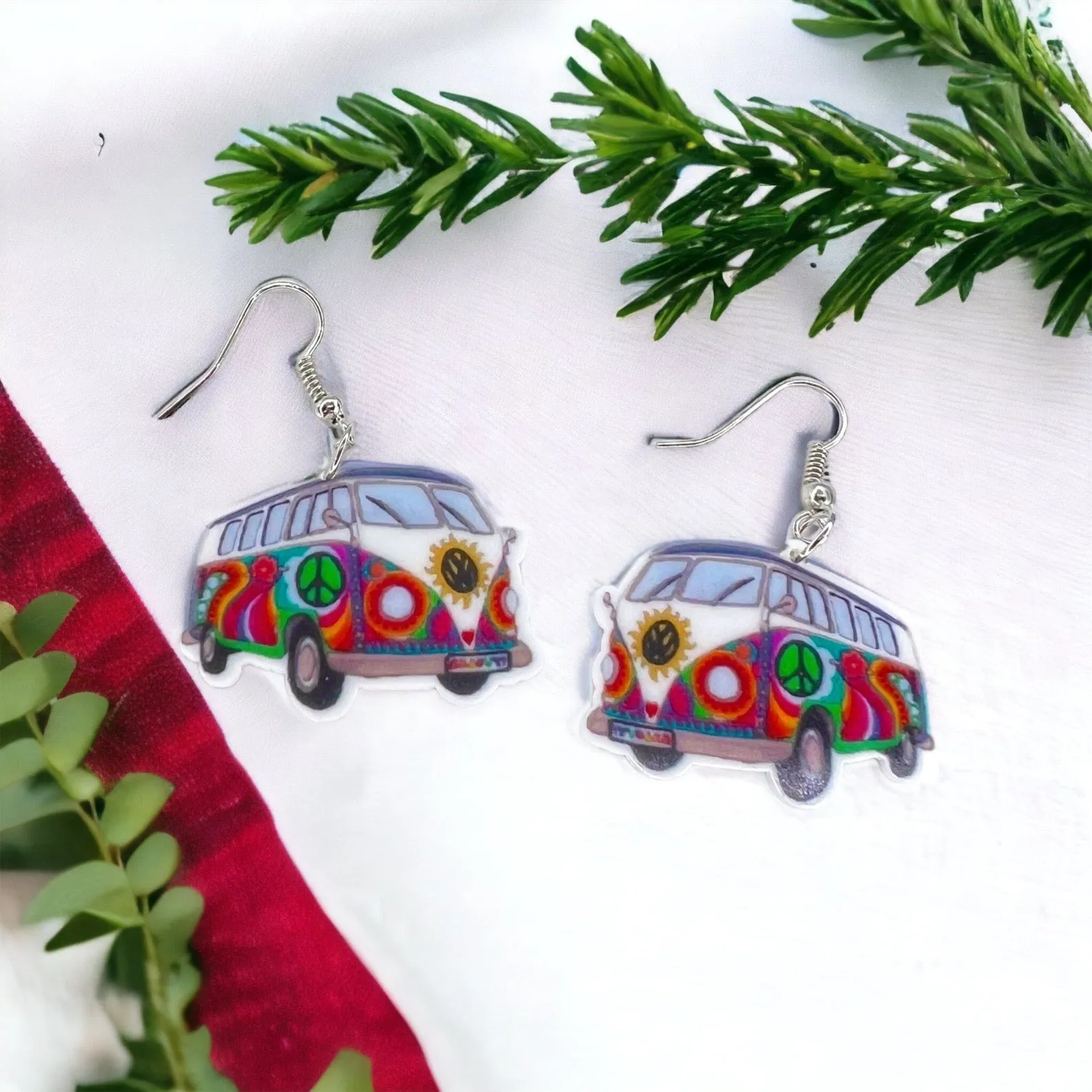 Hippie Van Earrings - Van Accessories, Roadtrip Earrings, Travel Accessories, Flower Power