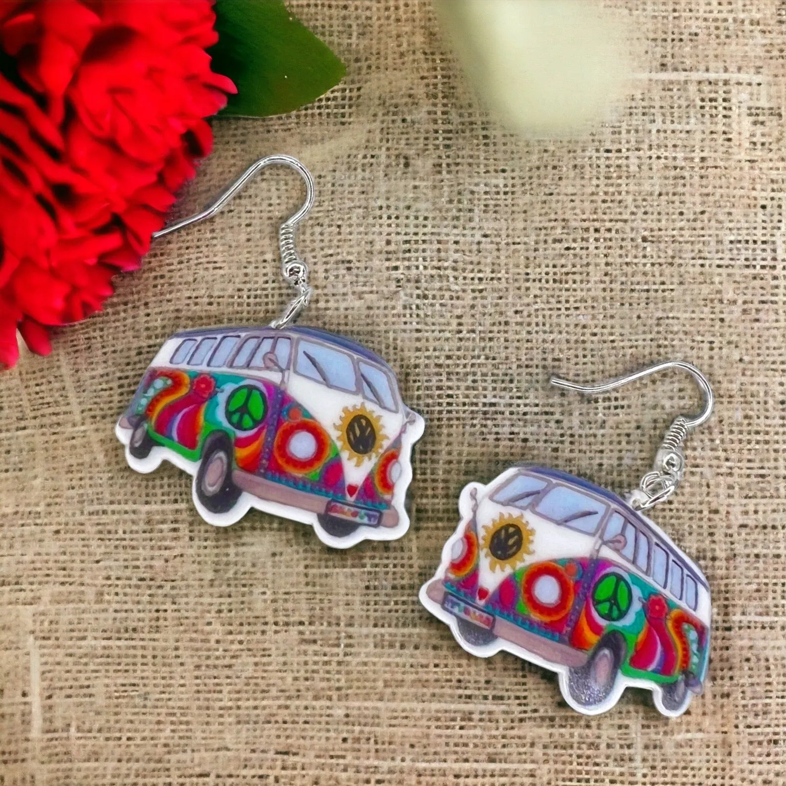 Hippie Van Earrings - Van Accessories, Roadtrip Earrings, Travel Accessories, Flower Power