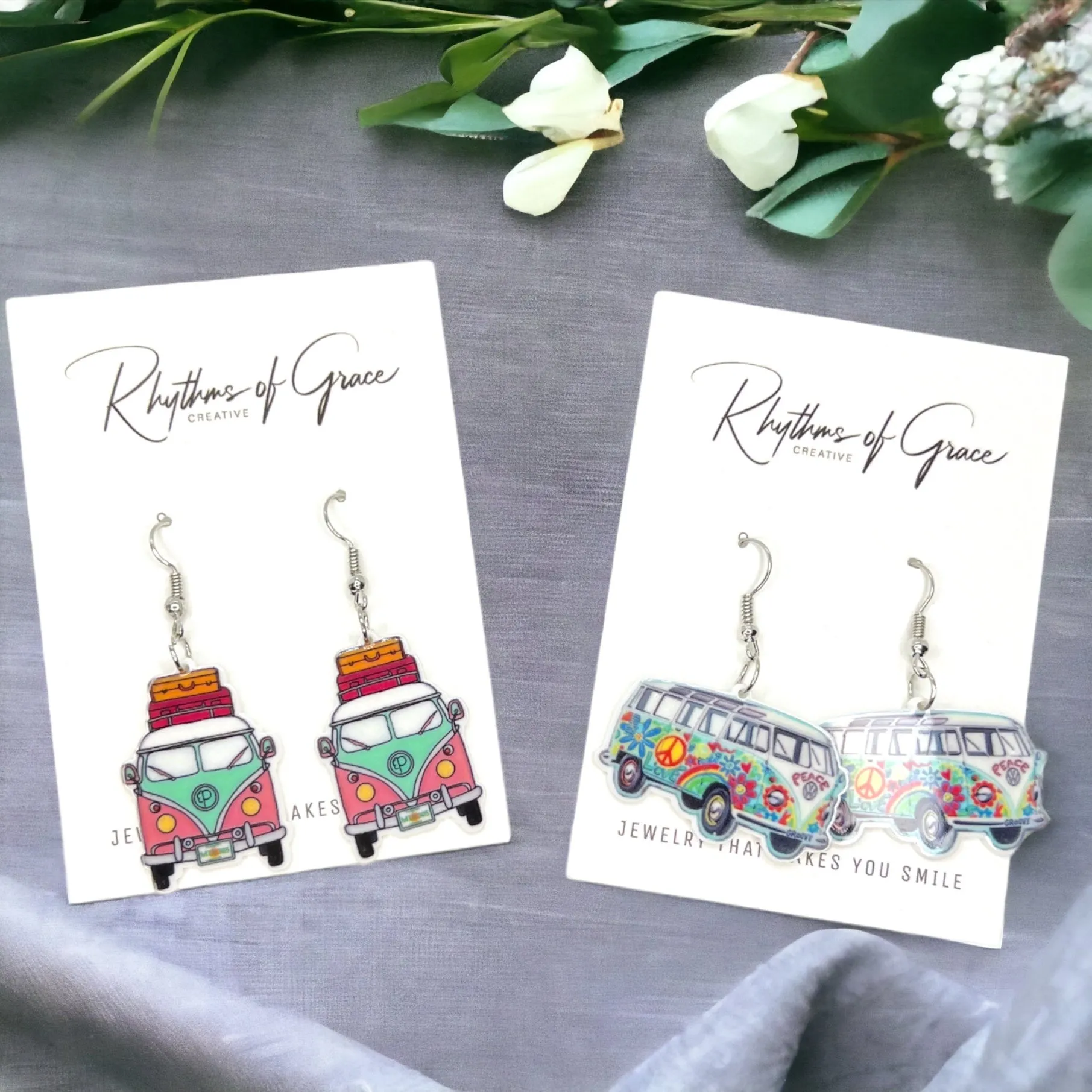 Hippie Van Earrings - Van Accessories, Roadtrip Earrings, Travel Accessories, Flower Power