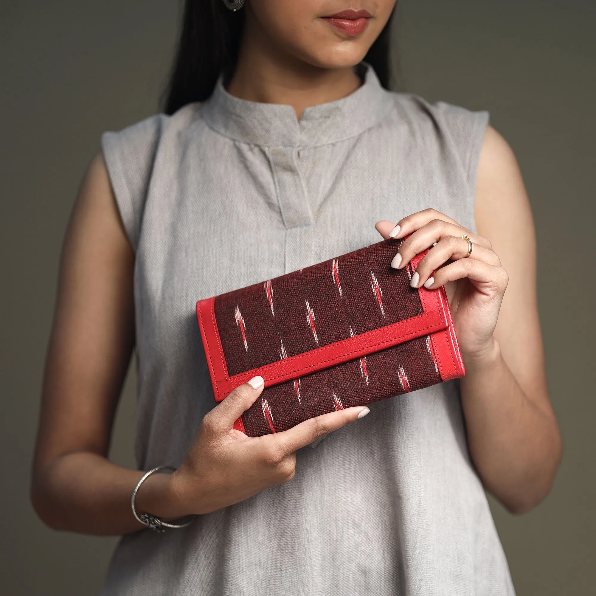 Maroon - Handcrafted Ikat Weave Leather Wallet