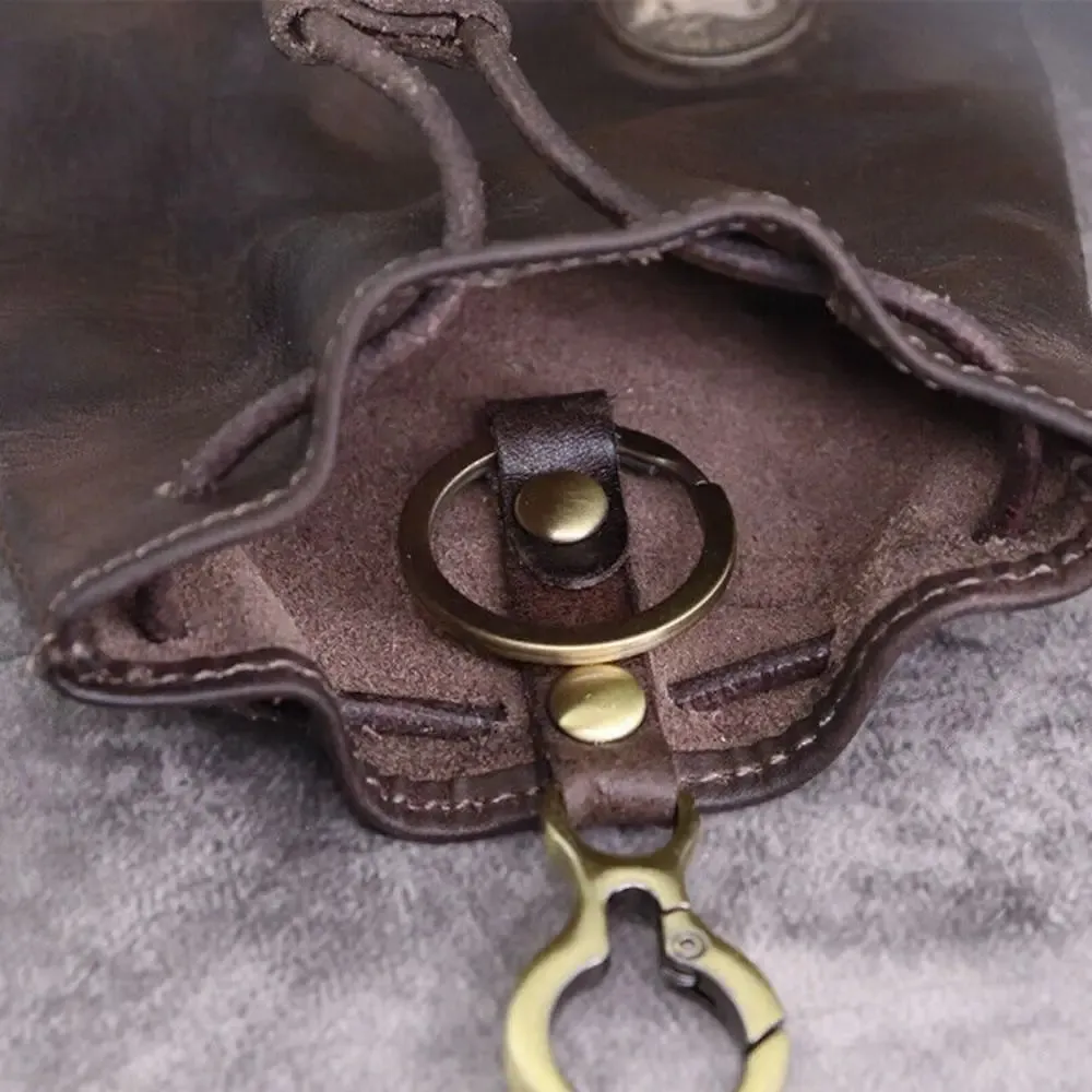 Retro Genuine Leather Bag Coin Purse Drawstring Key Wallets Fashion Women Men Housekeeper Card Key Holders