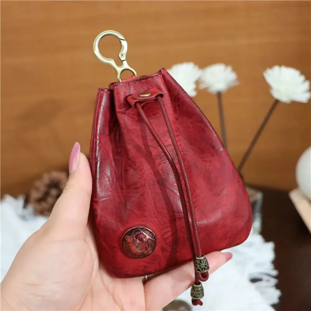 Retro Genuine Leather Bag Coin Purse Drawstring Key Wallets Fashion Women Men Housekeeper Card Key Holders