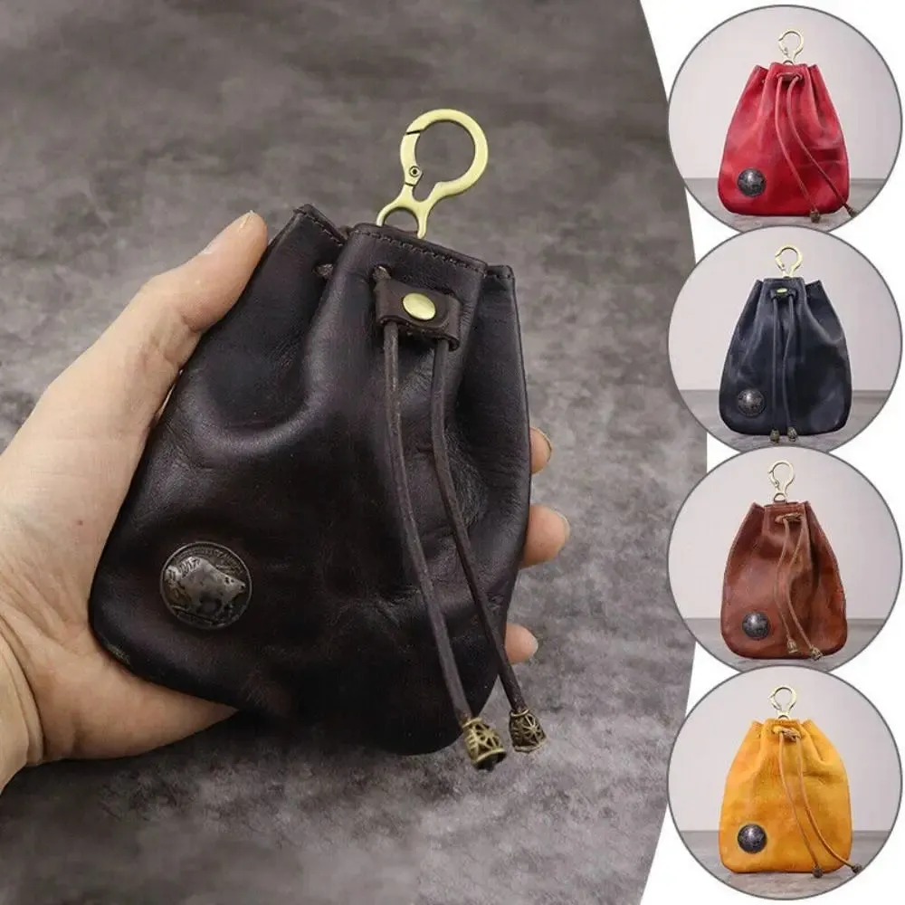 Retro Genuine Leather Bag Coin Purse Drawstring Key Wallets Fashion Women Men Housekeeper Card Key Holders