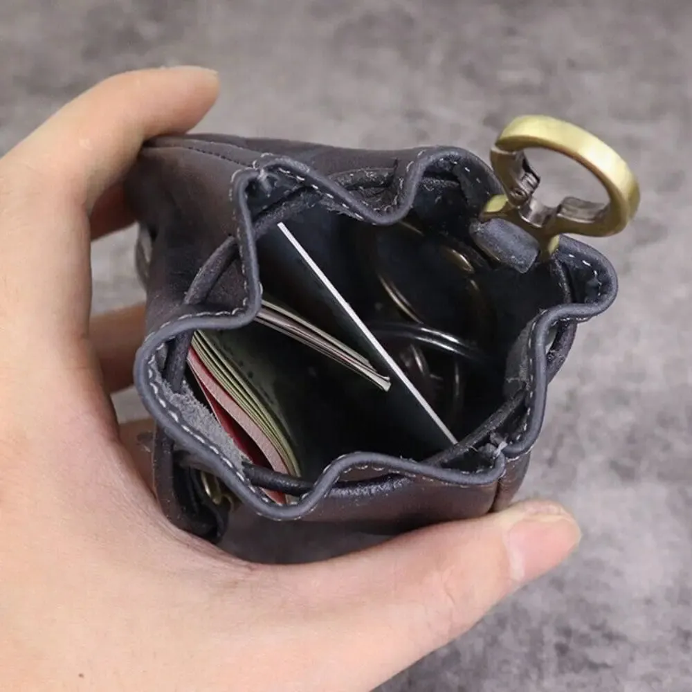 Retro Genuine Leather Bag Coin Purse Drawstring Key Wallets Fashion Women Men Housekeeper Card Key Holders