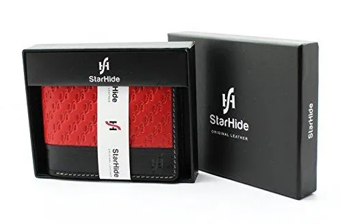 STARHIDE Mens Genuine Emboosed Leather RFID Blocking Wallet Billfold Coin Pocket Purse 1170 Red Black