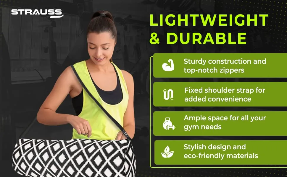 Strauss Jacquard Gym Bag | for Both Men and Women | Suitable for Travel and Gym | Eco- Friendly and Washable | 56 X 25 Cm - (Black and Cream)