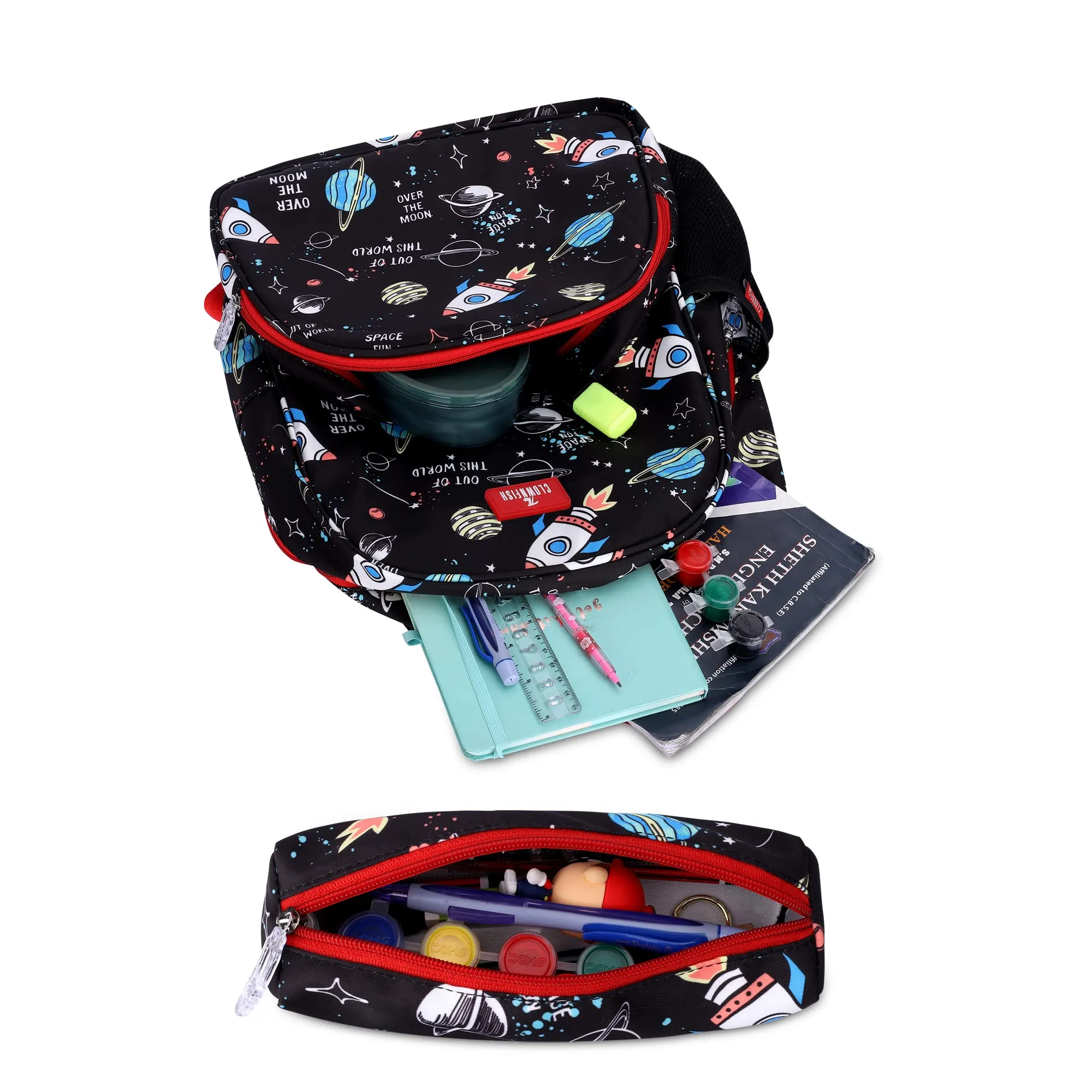 THE CLOWNFISH Cosmic Critters Series Printed Polyester 15 Litres Kids Standard Backpack School Bag With Free Pencil Staionery Pouch Daypack Picnic Bag ForTiny Tots Of Age 5-7 Yrs(Black) (Medium Size)