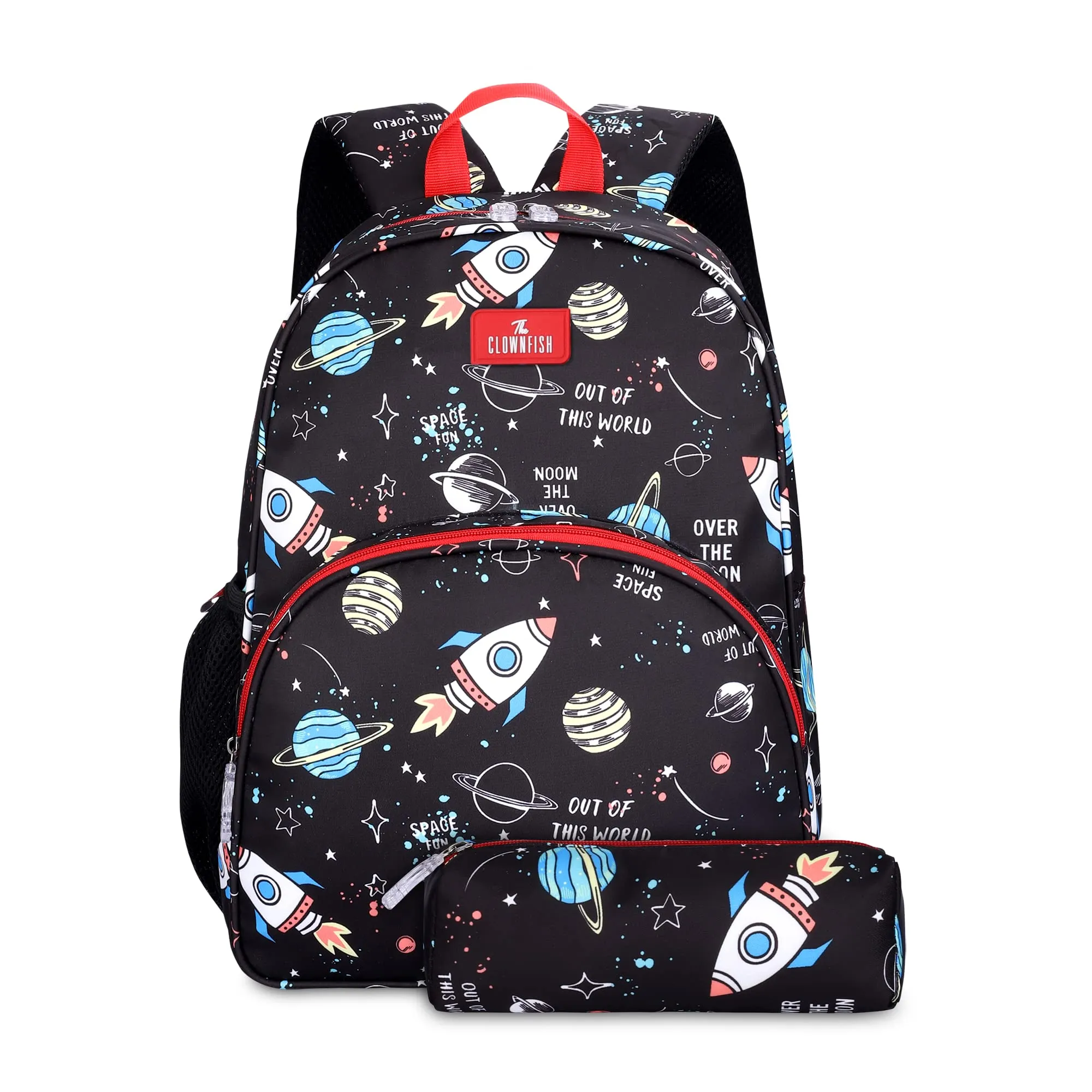 THE CLOWNFISH Cosmic Critters Series Printed Polyester 15 Litres Kids Standard Backpack School Bag With Free Pencil Staionery Pouch Daypack Picnic Bag ForTiny Tots Of Age 5-7 Yrs(Black) (Medium Size)