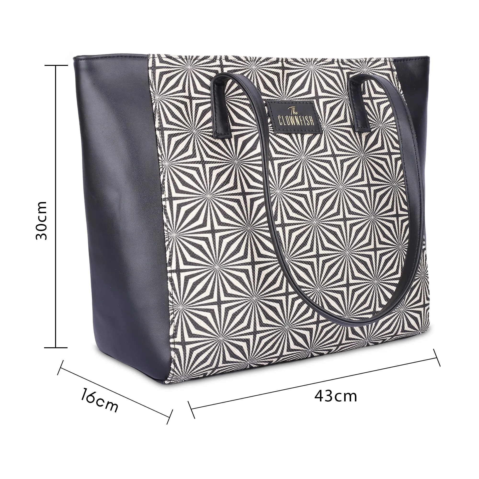 THE CLOWNFISH Ophelia Printed Handicraft Fabric & Faux Leather Handbag for Women Office Bag Ladies Shoulder Bag Tote for Women College Girls (Black-Geometric Design)