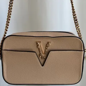 VERSACE Beige Leather Virtus Shoulder Bag