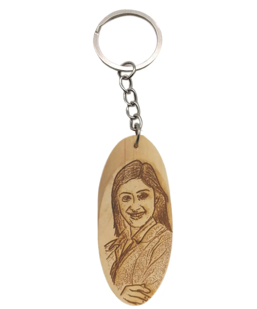 Wooden engraved oval keychain